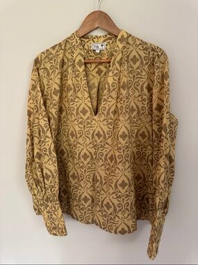 Mille Mustard and Brown Printed Split-Neck Top